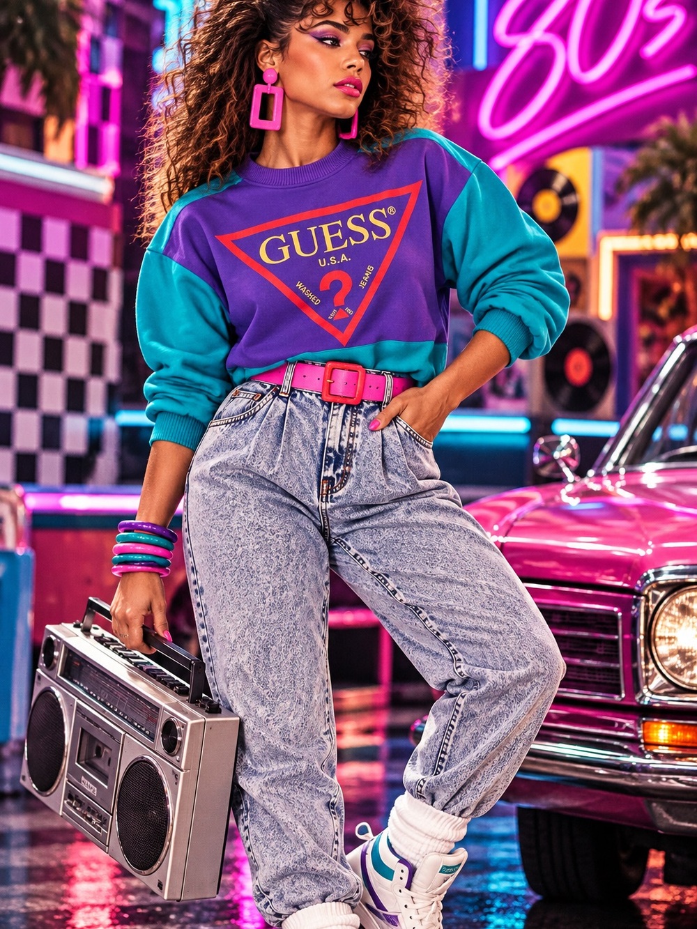 Vintage 80s GUESS Purple & Teal Logo Crewneck Sweatshirt 100% Cotton
